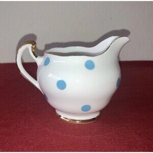 Vintage 1960s Royal Vale Bone China Blue & White Polka Dot Creamer Gold Trim